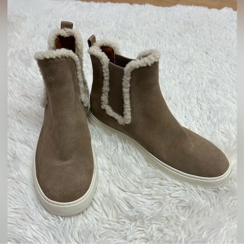 Lucky Brand Taupe Suede Shearling-Trim Slip-On Winter Boots